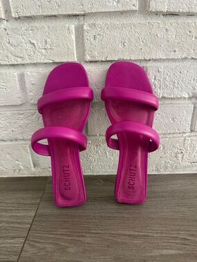 SCHUTZ Hot Pink Double-Strap Square Toe Slide Sandals